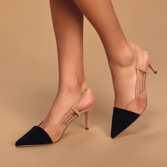 Lulus Shoes - Lulus Steviee Black and Beige Pointed-Toe Slingback Pumps size 7.5